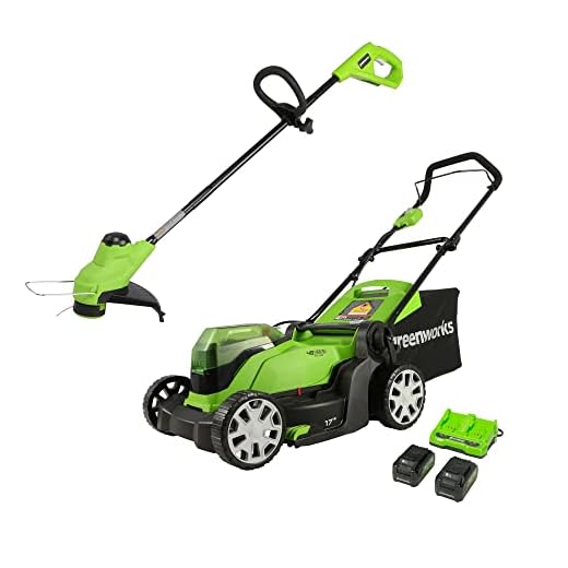 Greenworks 48V 17" Cordless Electric Lawn Mower, String Trimmer, (2) 4.0Ah Batteries and Rapid Charger