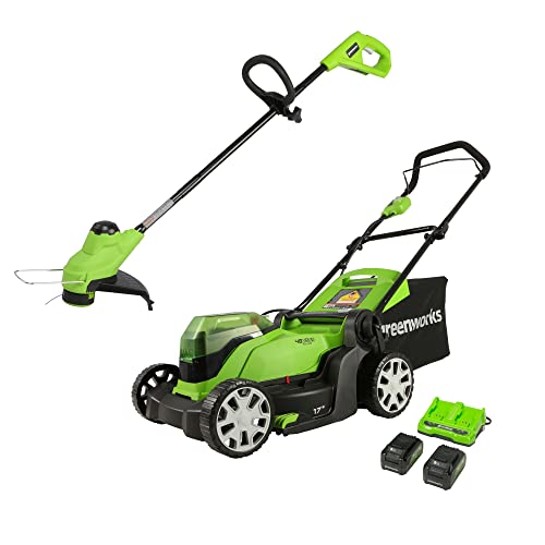 Greenworks 48V 17' Cordless Electric Lawn Mower, String Trimmer, (2) 4.0Ah Batteries and Rapid Charger