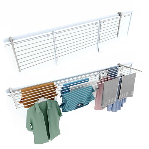 Foxydry Duo Étendoir de balcon pliable d'extérieur, robuste, en acier inoxydable et aluminium, pour balustrade de balcon, terrasse, blanc, longueur 202 cm