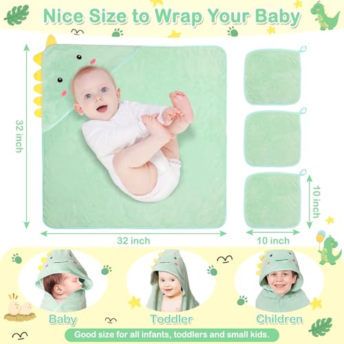 Image of 4 PCS Hooded Baby Towels, Soft Baby Towel, Absorbent Baby Bath Towel, Baby Towels and 3 PCS Baby Washcloths for Newborns, Toddlers, and Kids, 32x32 in Baby Towel with Hood for Boy and Girl (Dinosaur)