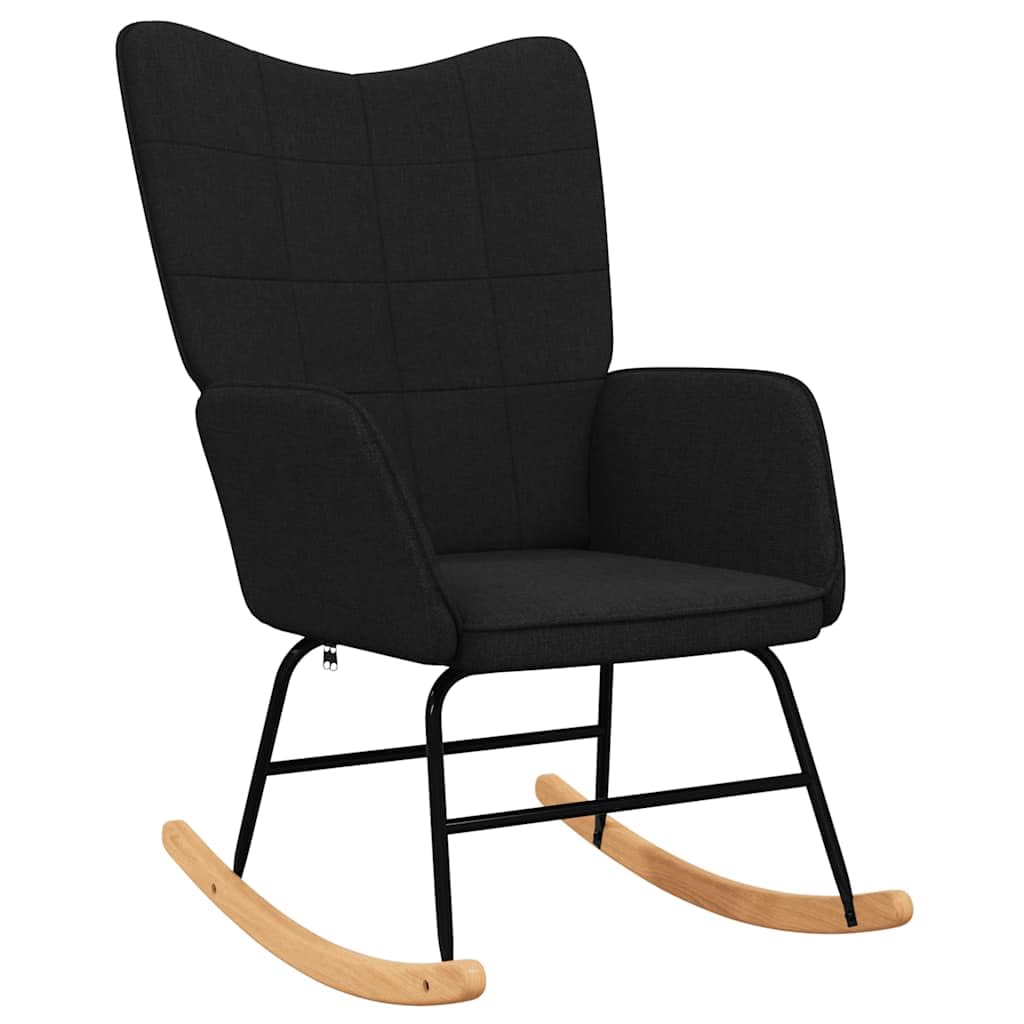 Schaukelstuhl Schwarz Stoff Polstersessel, Modernes Design mit Quadratnaht, Relaxsessel mit stabilen Holzkufen und Stahlrahmen, Gemütlicher Wohnzimmerstuhl, 61x78x98 cm