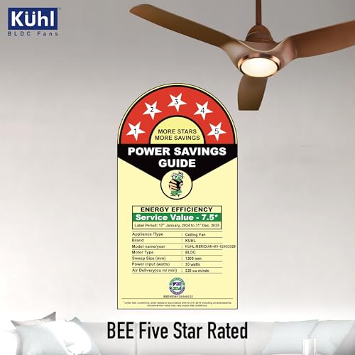 Image of KUHL Meridian M1 1200MM 65% Power Saving BLDC Ceiling Fan With Remote | BEE 5 Star Rated & ISI Marked | High Air Flow | Down Light & Reverse Mode | 5 Year Warranty on Motor | Free Installation |Brown