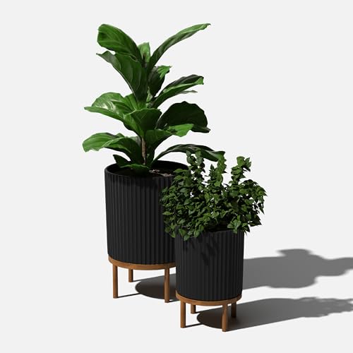Image of Veradek Demi Series Raised Duo Planters - Set of 2 Planters with Stands | Made From a Durable Plastic-Stone Composite & Comes With Wooden Stand. Modern Porch /Patio Decor