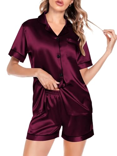 Image of SWOMOG Satin Matching Pajamas Sets Couple Silk Button Down Nightwear Women & Men Short Sleeve Sleepwear 2 Pieces Loungewear