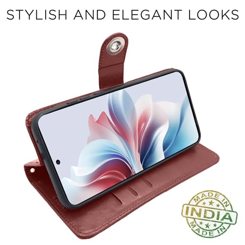 Image of Pikkme Oppo F25 Pro 5G Flip Cover Leather Finish | Inside TPU with Card Pockets | Wallet Stand and Shock Proof | Complete Protection Button Flip Case (Brown)
