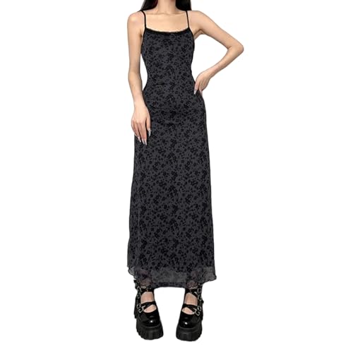 Women Vintage Floral Print Spaghetti Strap Maxi Dress Dark Gothic Sheer Mesh Sleeveless Bodycon Dresses for Party Club