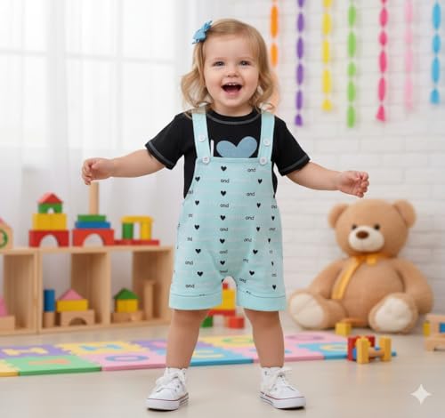 Image of A.T.U.N. (ALL THINGS UBER NICE) Baby Girls Cotton Printed Dungaree Set | Soft Breathable Fabric | Adjustable Strap Shorts with Heart Print | Stylish Casual Outfit for Baby Unisex