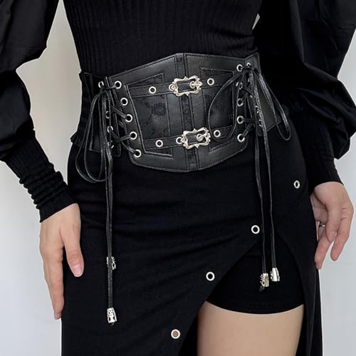 Vintage Faux Leather Corset Belt Sides Lace-up Medieval Renaissance Underbust Wide Elastic Waist Belts for Women2