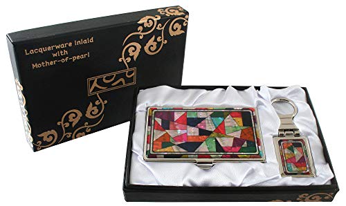 Juego de Tarjetero y Llavero con Madreperla Efecto Nacarado para Tarjetas de Crédito Tarjetas de Identidad Tarjetas de Negocio para Dinero Efectivo Diseño de Mosaico de Retazos Colorido