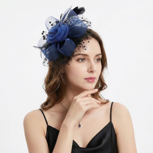 Image of DRESHOW Fascinators Hat Flower Mesh Ribbons Feathers on a Headband and a Clip Tea Party Headwear for Girls and Women