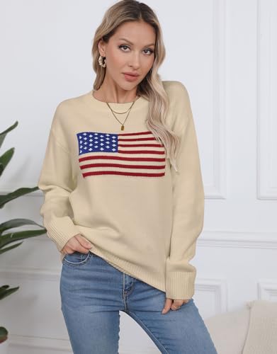 Image of Alsol Lamesa Women's American Flag Graphic Long Sleeve Pullover Sweaters Crew Neck Casual Knit Top 2024, Large, 971 Apricot