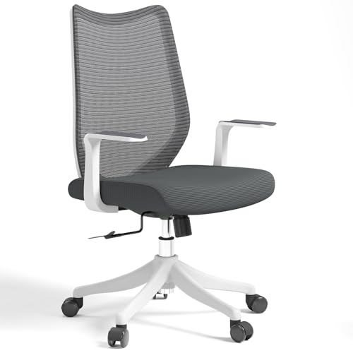 Image of Ergonomic Office Chair, Comfy Swivel Mesh Chair Super Elastic Lumbar Support Fixed Armrests and PU Wheels Tilting & Height Adjustment Desk Chair (Light Grey)