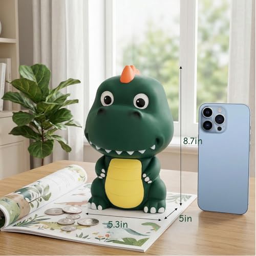 Dinosaur Piggy Bank, Unbreakable Plastic Money Coin Bank, Cute First Coin Saving Box for Birthday, Easter, Baby Shower, Home Decoration, Deep Green - Image 3