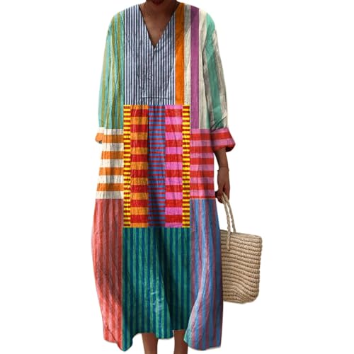 Vestido Largo Mujer Estampado Floral con Manga Larga y Escote en V, Túnica Boho Holgada Casual para Primavera Otoño, Vestidos Elegante Diario Talla Grande