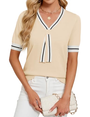 Image of Libsorge Womens Lightweight Cute Bow Tie Sweater Spring 2026 Business Casual Outfits V Neck Short Sleeve Tops