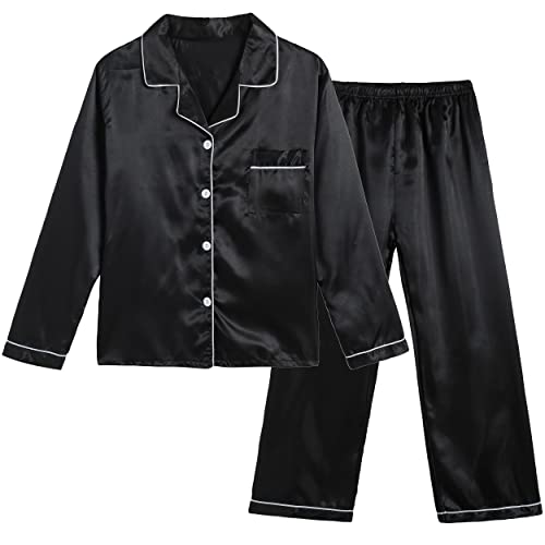 Vopmocld Big Kids Unisex Pjs Set Girls Boys Silk Pajama Sets Satin Clasic Sleepwear Long Sleeve 2 Pieces Button Down Nighty