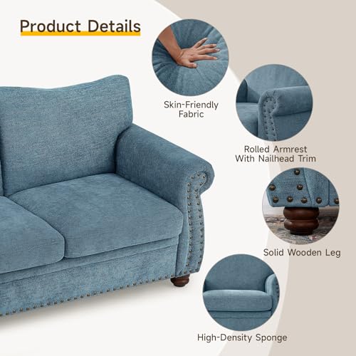Image of ONBRILL Nailhead Sofa, 66 Inch Small Couch with Rolled Arms, Chenille Fabric Loveseat w /Springs Seat Cushion, Vintage Curved Back, Turned Wood Legs, Comfy Couch for Living Room, Farmhouse, Teal