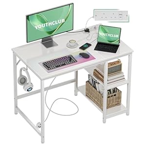 YOUTHCLUB Computer Desk,100x60cm Office Desk with Power Outlets and USB/Type-C,PC Desks for Student and Worker with 2 Shelves,Study Table for Writing,Wooden Desk for Bedroom,Home,Office,White