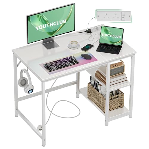YOUTHCLUB Computer Desk,100x60cm Office Desk with Power Outlets and USB/Type-C,PC Desks for Student and Worker with 2 Shelves,Study Table for Writing,Wooden Desk for Bedroom,Home,Office,White