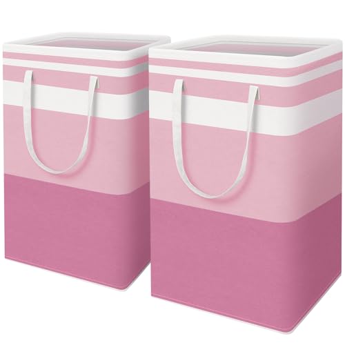 HomeHacks 2 Pack Large Laundry Baskets, Waterproof, Freestanding Laundry Hampers, Collapsible Clothes Hamper with Reinforced Handles in Laundry, College Dorm, Bathroom, Bedroom (Pink, 88Lx2)