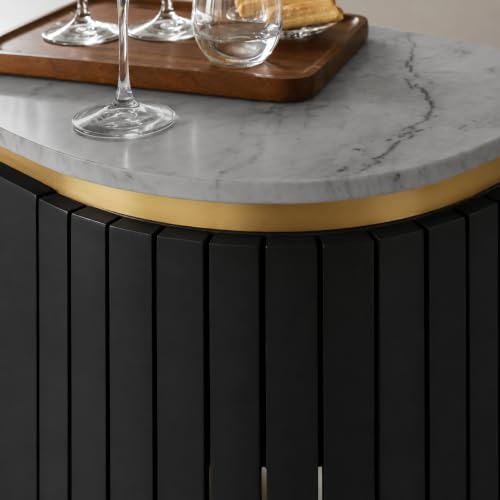 Image of The Attic Carlston Bar Cabinet for Home, Hard and Soft Drinks Bar Storage Cabinet, Wine Whisky Scotch, Solid Mango Wood, Black Matte Finish with Ceramic Marble Top