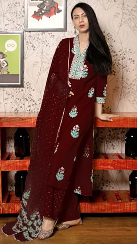 Image of GoSriKi Women's Cotton Blend Straight Hand Block Printed Kurta with Pant & Dupatta | Ethnic Wear for Women | Indian Casual Office Daily Summer Outfit