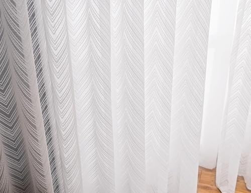 Image of Net Curtains Semi Transparent Sheer Zigzag Pattern Door Curtain 7 Feet Long Set of 3 Pcs, Window, Long Door, Living Room Parde, White Sheer Curtain
