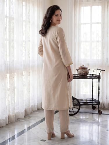 Image of INDO ERA Women's Cotton Blend Solid Straight Kurta Palazzo With Dupatta Set