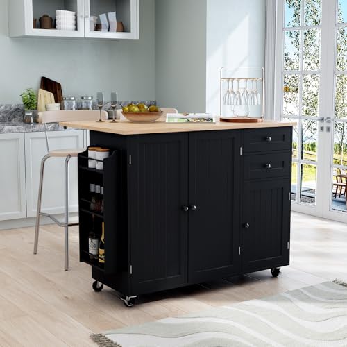 HLR Kitchen Island with Storage, Black Rolling Kitchen Island on Wheels with Drop-Leaf Bar Countertop, Island Table for Kitchen with Side Open Spice Rack and Tower Rack, Extra Storage for Kitchen