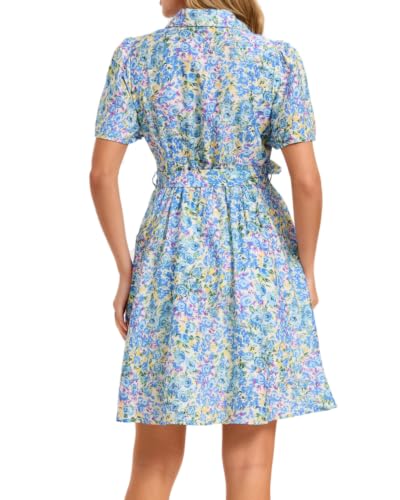 Image of Women Long Sleeve Spring Button Down A-Line Floral Print Summer Cocktail Shirt Dresses with Belt