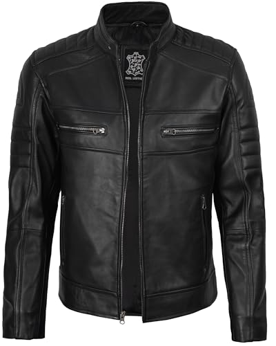 Image of fjackets Leather Jacket Men Real Lambskin - Cafe Racer Moto Style, Stand Collar Zip Up Jacket