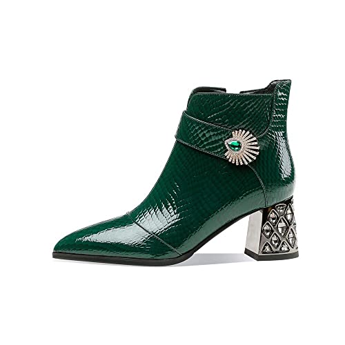 TinaCus Handmade Women's Patent Leather Side Zipper Pointed Toe Mid Rhinestones Chunky Heel Ankle Boots Shoes2