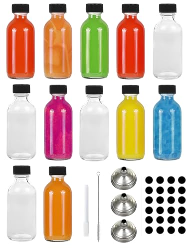 HYFY 12 Pack 2 oz Small Clear Glass Bottles 3 stainless steel funnels strong lid Ginger shot Potion Juice 24 stickers Shots bottle boston Oils Bottle Glass Bottles Liquid Bottle 60ml