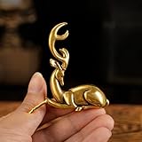 Retro Handcrafted Nostalgic Deer Statue - 100% Solid Brass Body & Genuine White Copper Horns | Elegant Tabletop Decor, Vintage Desk Ornament, Unique Gift for Nature Lovers