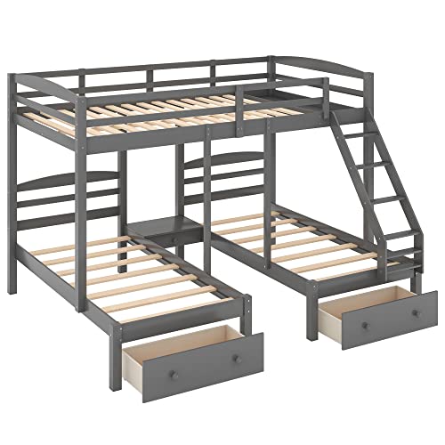 Flieks Triple Bunk Bed Full Over 2 Twin Bunk Bed for 3, Wood Triple Bunk Bed with 3 Drawers and Guardrails, 3 Bunk Bed for Teens, Kids, Boys, Girls, Teens, Adults No Box Spring Needed