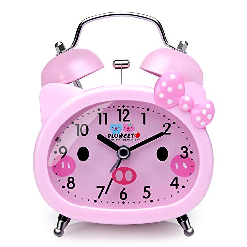 Plumeet Twin Bell Alarm Clock for Kids Silent Non-Ticking Cartoon Quartz Loud Alarm Clock for Gilrs - Cute Look - Handheld Sized - Backlight - Battery Operated (Pink)