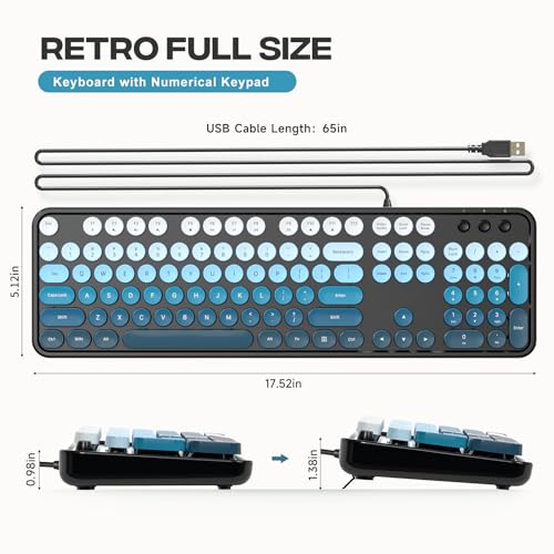 Image of Atelus Wired USB Computer Keyboard, Full-Size Retro Typewriter Keyboard with Numeric Keypad, Plug & Play for Windows PC Laptop Home Office (Black Blue)
