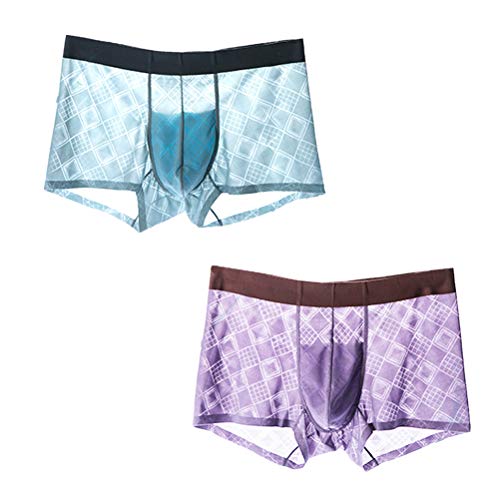 Hollow Out Breathable Ice Silk Sexy Mens Boxers Briefs Underwear with Boy Convex Pounch (Light Green& Purple, XXL)