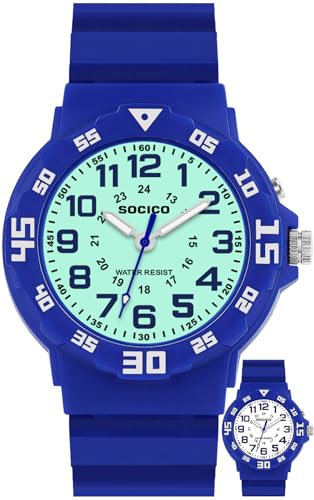 SOCICO Kids Analog Watch with Light for Boys Girls Waterproof Time Teaching Watch with Soft Band Learning Time Wrist Watch Easy to Read for Children Great Gifts (Blue)