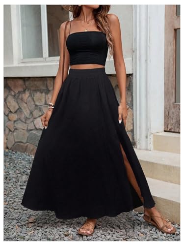 GORGLITTER Women's Boho Slit Maxi Skirt Thigh High Waisted Split Flowy A Line Long Skirts3