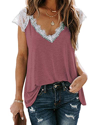 Lantch T-Shirt Damen Oberteile Top V-Ausschnitt T Kurzarm Tee Shirts Spitze Sommer Blusen (pk,m) Cover