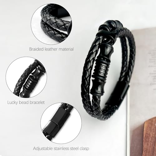 Pulsera de cuero trenzado negra con ornamentos de acero inoxidable miniatura 4