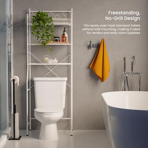 Image of Home Zone Living Over-the-Toilet Bathroom Storage Cabinet Organizer | Freestanding Steel Frame Design with 3-Tier Shelves, Wide Stabilizing Base and Adjustable Feet, White