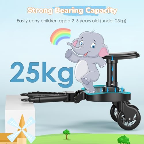 Buggy Board mit Sitz, Trittbrett für Kinderwagen Universal, stabiles Two Wheel Design, mit Aufhängegurt,360 drehbar, Kinderwagenzubehör für Kinder von 2 bis 6 Jahren (25 kg)