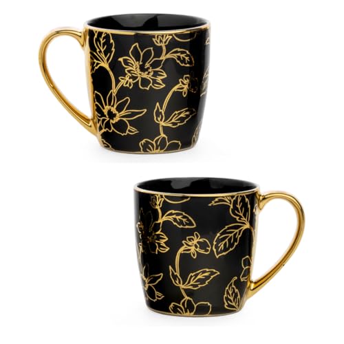 Image of Clay Craft Premium Ceramic Tea & Coffee Mugs Set of 6 - Black & Gold Floral Printed Designer Cups with Golden Handle | Elegant Luxury Pattern | Ideal for Home, Office & Gifting