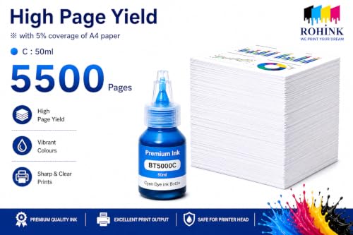 Image of ROHINK Premium campatible Dye Ink Bottles for Brother Printers, T220, T300, T310, T420, T500, T520, T820, T920, T510, T910, T710, T4500W, T800W, T710W - Printer (Brother BTD 5000 Cyan Pack 1)