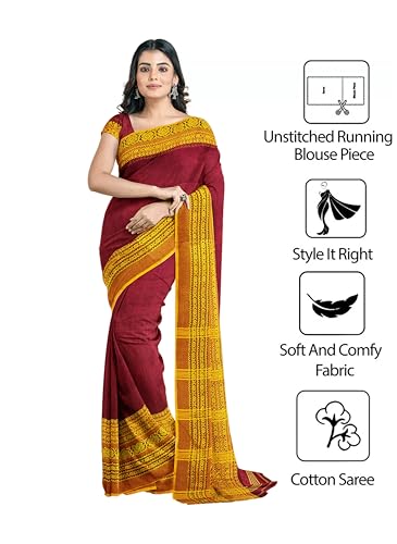 Image of eC ESHA'S COLLECTION Women's Cotton Blend Begumpuri Handloom Saree With Unstitched Running Blouse Piece