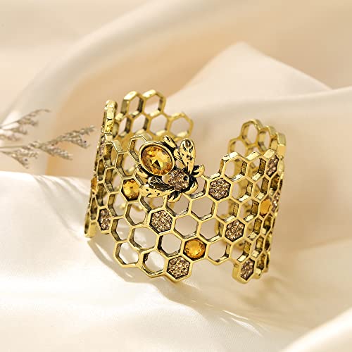 Flyonce Honey Bee Honeycomb Cuff Wide Bangle Bracelet for Women Golden Color3