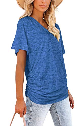 Image of WIHOLL Womens Summer T-Shirts Short Sleeve V Neck Dolman Tops with Side Shirring Loose Fit Shirts Spring Fashion