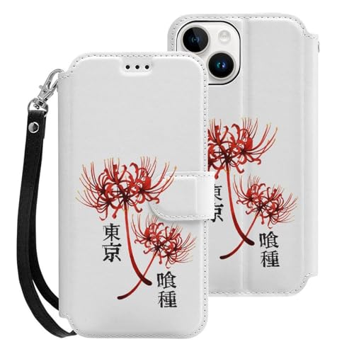 iPhone15用ケース 手帳型 東京喰種 彼岸花 スマホケース ストラップ付き 財布型 アイフォン15用ケース おしゃれ 軽量 背面 携帯カバー カード収納 スタンド機能 PUレザー 耐衝撃